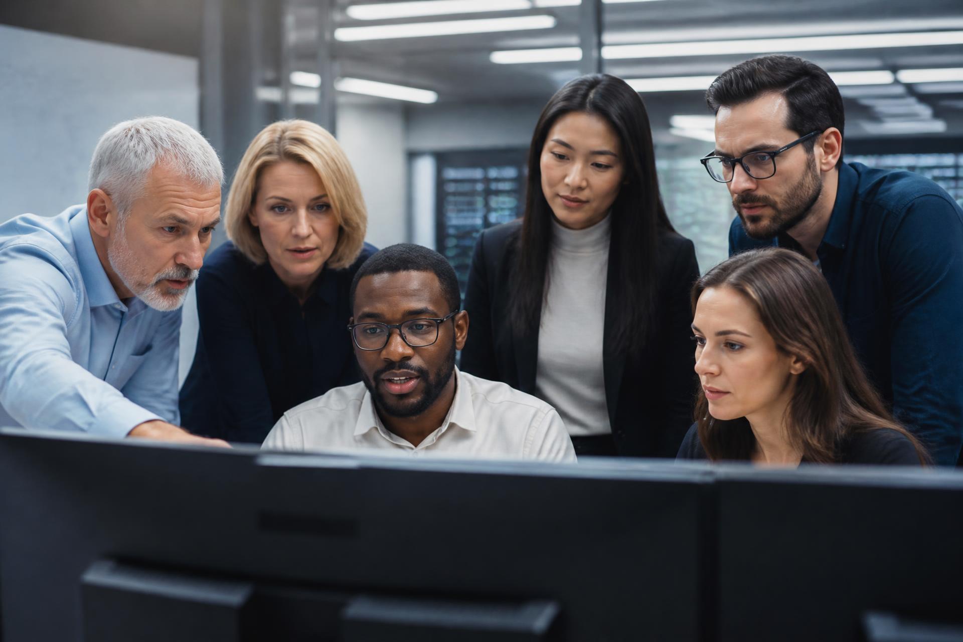 Engineering team collaborating around a large monitor