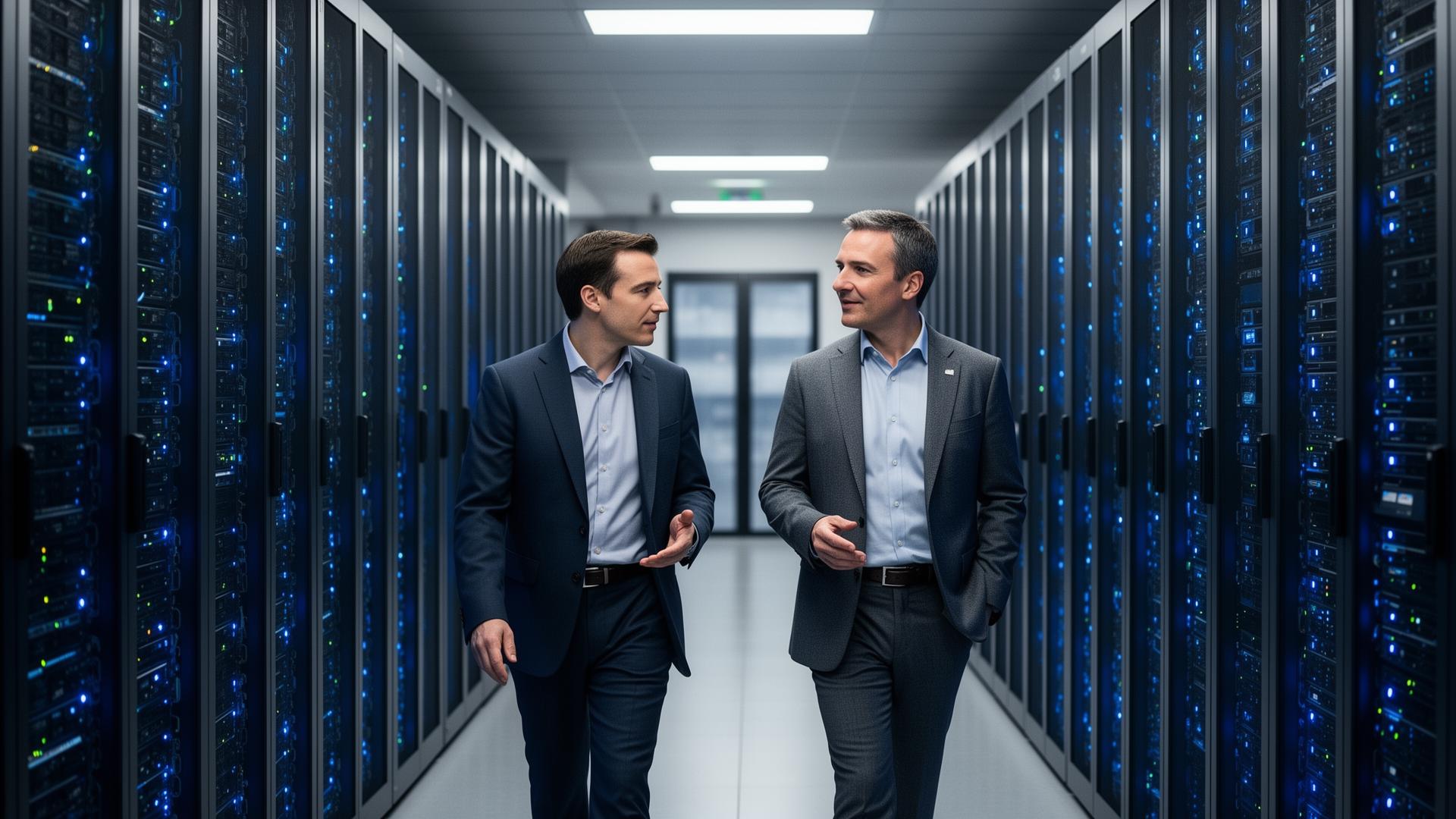 An engineer and an enterprise IT leader walking through a modern data center